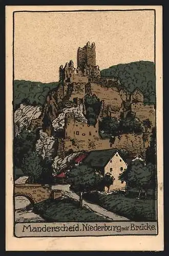 Steindruck-AK Manderscheid, Niederburg mit Brücke