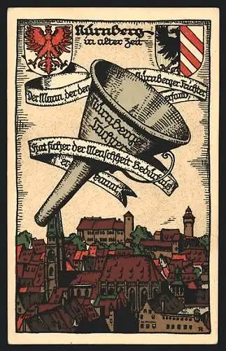Steindruck-AK Nürnberg, Nürnberger Trichter, zwei Wappen, Blick über die Dächer
