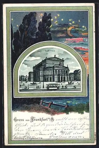 Lithographie Frankfurt a. M., Opernhaus mit Strassenbahn, Uferpartie bei Mondschein