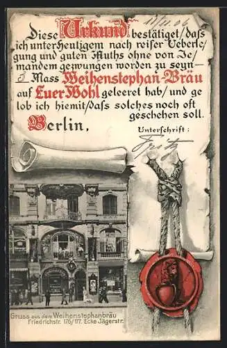 AK Berlin, Gasthaus Weihenstephanbräu, Friedrichstrasse 176 /177 Ecke Jägerstrasse