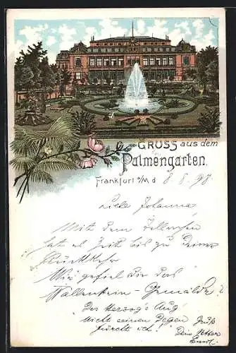 Lithographie Frankfurt-Westend, Palmengarten mit Fontaine