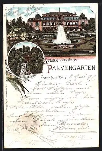 Lithographie Frankfurt-Westend, Palmengarten mit Fontaine, Wasserfall