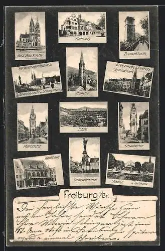 AK Freiburg i. Br., Kaufhaus, Martinstor, Siegesdenkmal