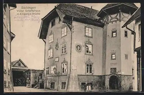 AK Säckingen, Viktor Scheffelhaus mit Eingang zur Brücke