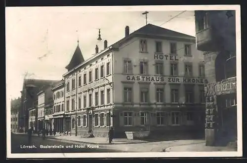AK Lörrach, Baslerstrasse & Hotel Krone