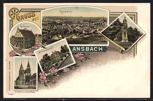 Lithographie Ansbach, Prinzenschloss, Rathaus, Platen-Denkmal