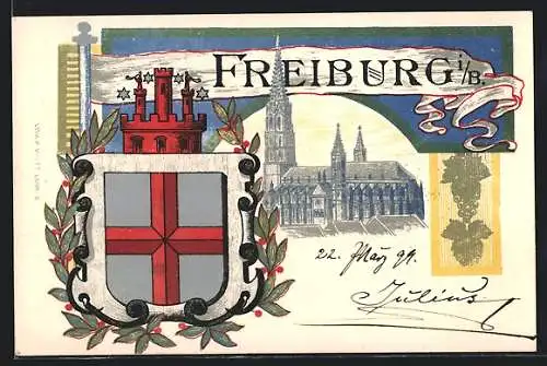 Lithographie Freiburg i. B., Kirche, Wappen