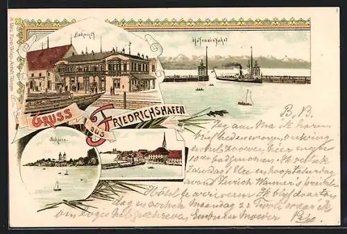 Vorläufer-Lithographie Friedrichshafen, 1895, Schloss, Hafeneinfahrt, Bahnhof