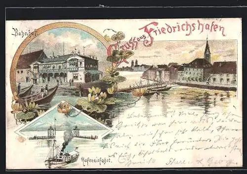 Lithographie Friedrichshafen, Bahnhof, Dampfer fährt in den Hafen ein um 1900