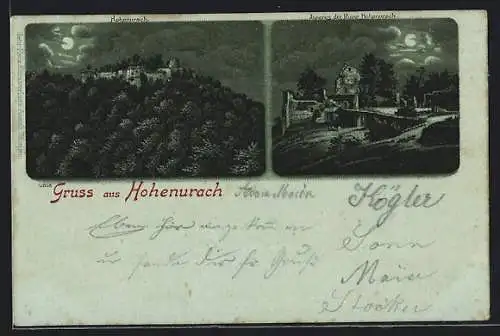 Mondschein-Lithographie Hohenurach, Burg, Inneres der Ruine