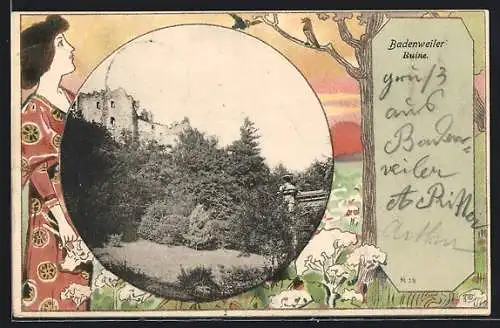 AK Badenweiler, Ruine, Frau mit Blumen, Passepartout