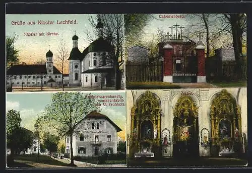 AK Lechfeld, Kolonialwarenhandlung Limonadenfabrik von V. Frühholz, Kloster mit Kirche, Calvarienberg