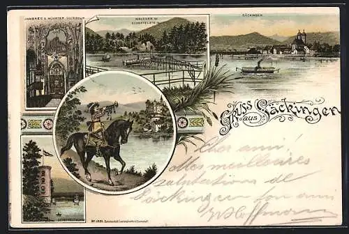 Lithographie Säckingen, Waldsee mit Scheffelstein, Inneres d. Münster St. Fridolin, Trompeter zu Pferde