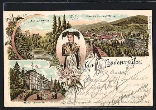 Lithographie Badenweiler, Ortsansicht von der Ruine aus, Schwanenteich, Hotel Sommer