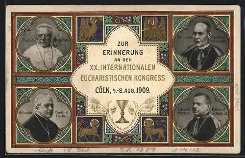 AK Cöln, XX. Internationale Eucharistische Kongress, 1909, Papst Pius X., Bischof von Namur, Ludov. Heylen
