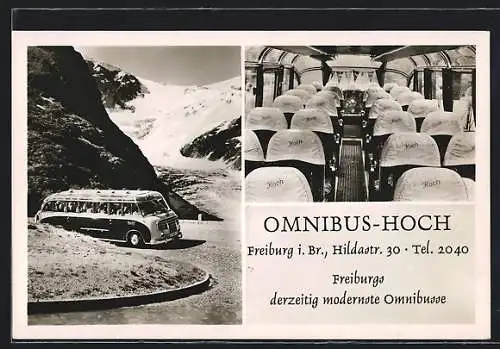 AK Freiburg i. Br., Omnibus-Hoch, Hildastr. 30, Strassenpartie mit Käsbohrer, Innenansicht