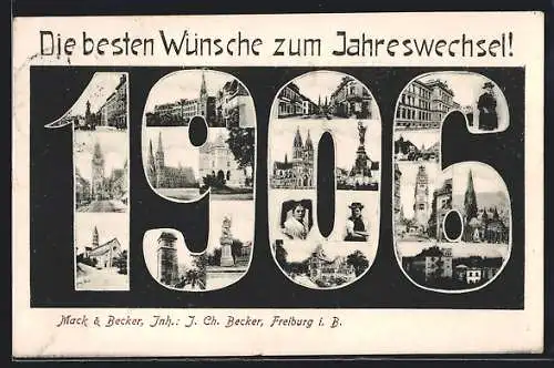 AK Freiburg i. B., Jahreszahl 1906 mit Denkmal, Kirche und Frauenportrait
