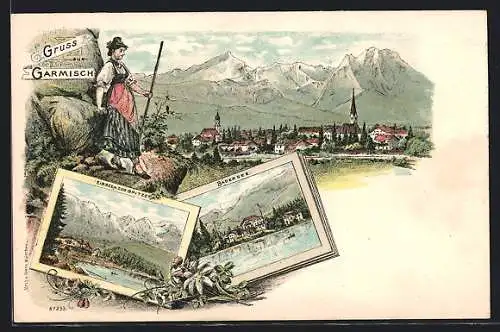 Lithographie Garmisch, Ortsansicht, Badersee, Frau in Tracht