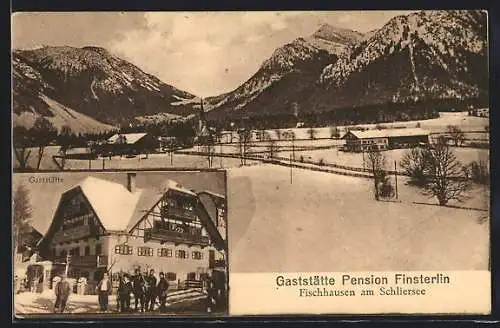 AK Fischhausen am Schliersee, Gasthaus Pension Finsterlin und Panorama im Schnee