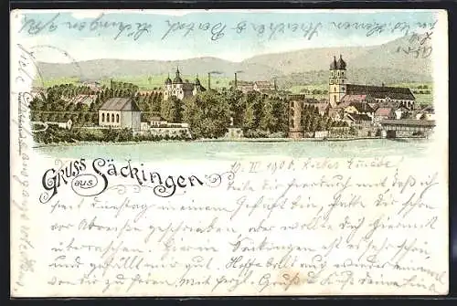 Lithographie Säckingen, Uferpartie mit Kirche