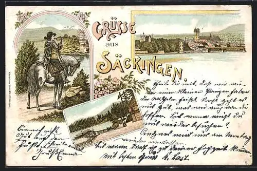 Lithographie Säckingen, Uferpartie mit Kirche, Uferpartie, Trompeter zu Pferde