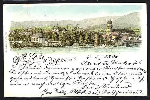 Lithographie Säckingen, Uferpartie mit Kirche