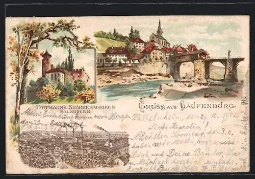 Lithographie Laufenburg, Uferpartie mit Kirche, Burg, Salzuflen, Hoffmann`s Stärkefabriken