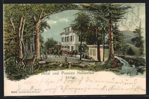 Lithographie Albthal, Kutschen am Hotel & Pension Hohenfels