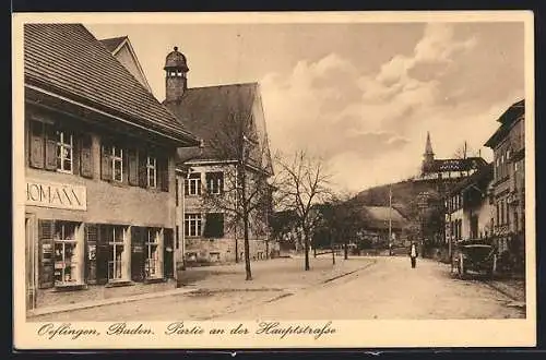 AK Oeflingen /Baden, Hauptstrasse mit Geschäft und Kirche