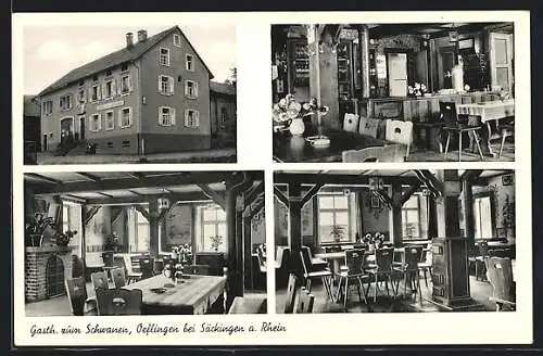 AK Oeflingen a. Rh., Gasthaus zum Schwanen, Innen- und Aussenansichten