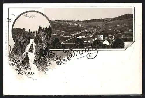 Lithographie Todtnauberg, Gesamtansicht, Wasserfall