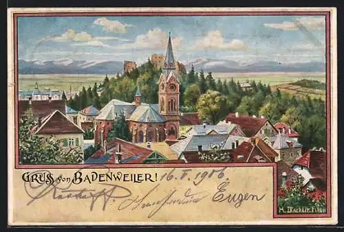 Künstler-AK sign.H. Dischler: Badenweiler, Ortsansicht mit Ruine im Hintergrund