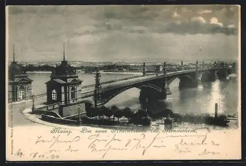 AK Mainz, Die neue Rheinbrücke bei Mondschein