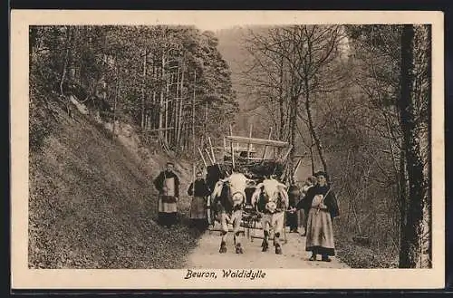 AK Beuron, Waldpartie mit Ochsenwagen