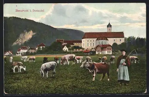 AK Beuron i. Donautal, Kirche und Hirte mit Kühen
