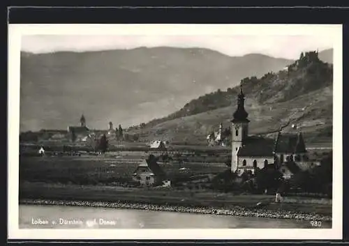 AK Loiben und Dürnstein a. d. Donau, Gesamtansicht aus der Vogelschau