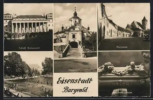 AK Eisenstadt i. Burgenland, Schloss Rückansicht, Haydnkirche, Parkbad, Pfarrgasse, Haydnmausoleum