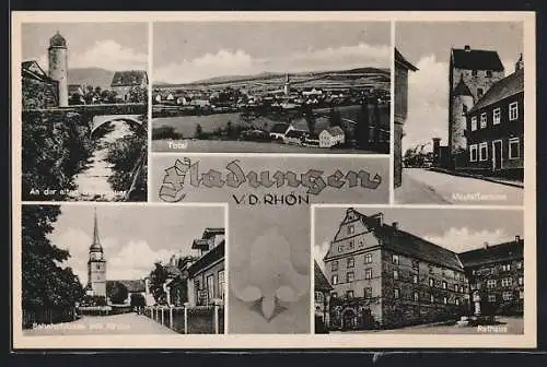 AK Fladungen, Gesamtansicht, an der alten Stadtmauer, Rathaus, Bahnhofstrasse mit Kirche