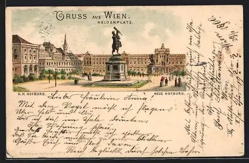 Lithographie Wien, Heldenplatz mit Denkmal, K. K. Hofburg, Neue Hofburg