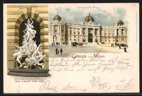 Lithographie Wien, Hofburg, Brunnen an der Hofburg