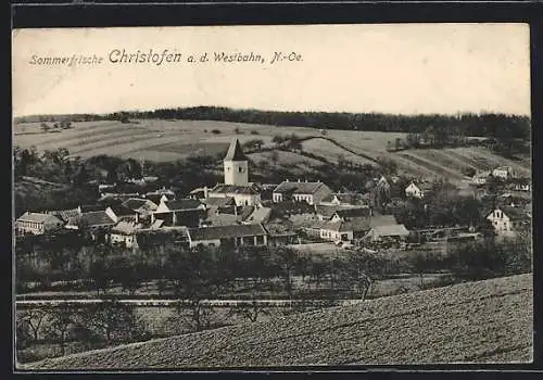 AK Christofen a. d. Westbahn /N.-Oe., Gesamtansicht von einem Berg aus