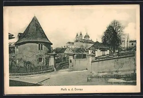 AK Melk a. d. Donau, Ortspartie mit Blick zum Stift