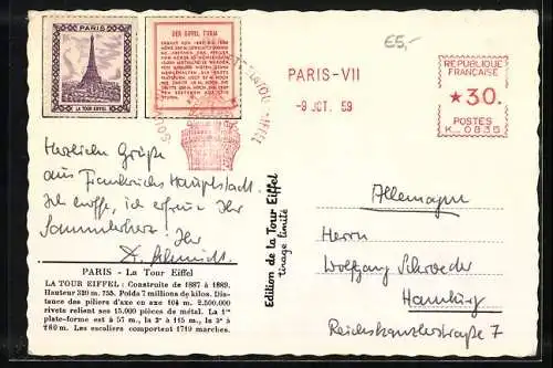 AK Paris, Souvenir de la Tour Eiffel, Paris et ses Monuments, Briefmarken