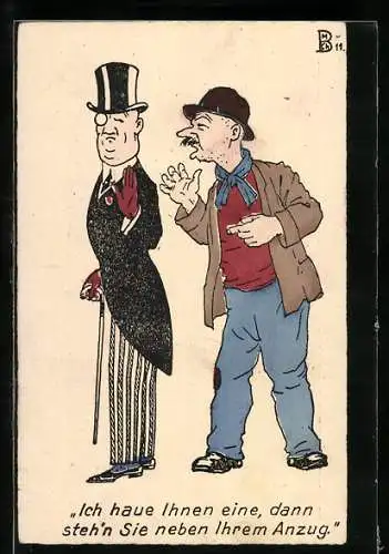 AK Ich haue Ihnen eine, dann steh`n Sie neben Ihrem Anzug, ein Ganove droht einem Mann im Frack mit Schläge