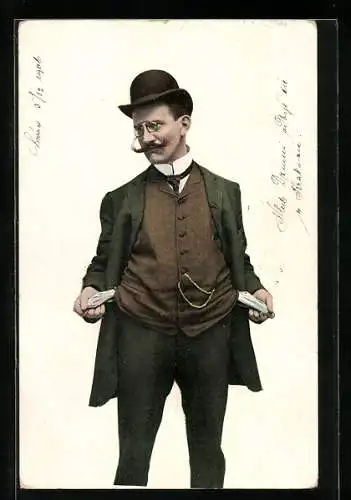 AK Elegant gekleideter Herr mit leeren Taschen, Scherz