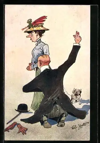 Künstler-AK Mann kniet vor elegant gekleideter junger Frau und umwirbt sie, Scherz