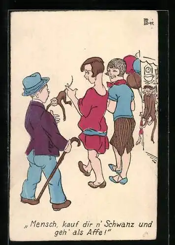 AK Junge Damen scherzen gegenüber Jungen mit Affen-Mensch, kauf dir n`Schwanz und geh als Affe
