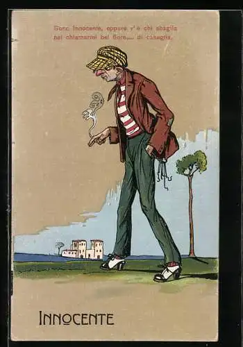 AK Innocente, Elegant gekleideter Mann mit Zigarette, Scherz