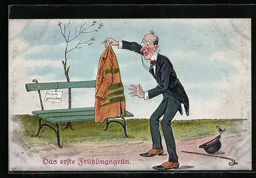 AK Frisch gestrichen, Mann mit beschmutztem Mantel