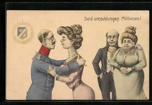 AK Seid Umschlungen Millionen-Junge Frau mit Offizier, Scherz